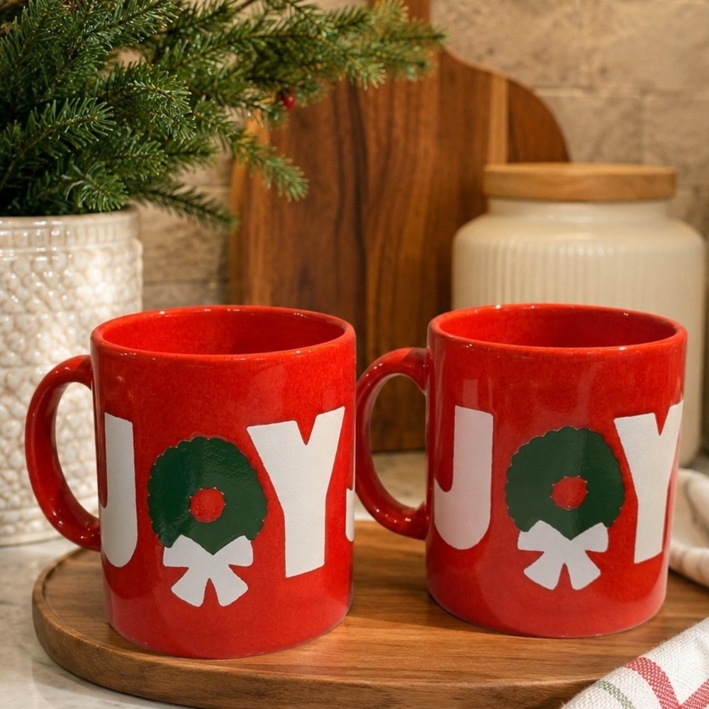Waechtersbach W Germany Joy Christmas Wreath Red Mugs Set of 2 Vintage Holiday